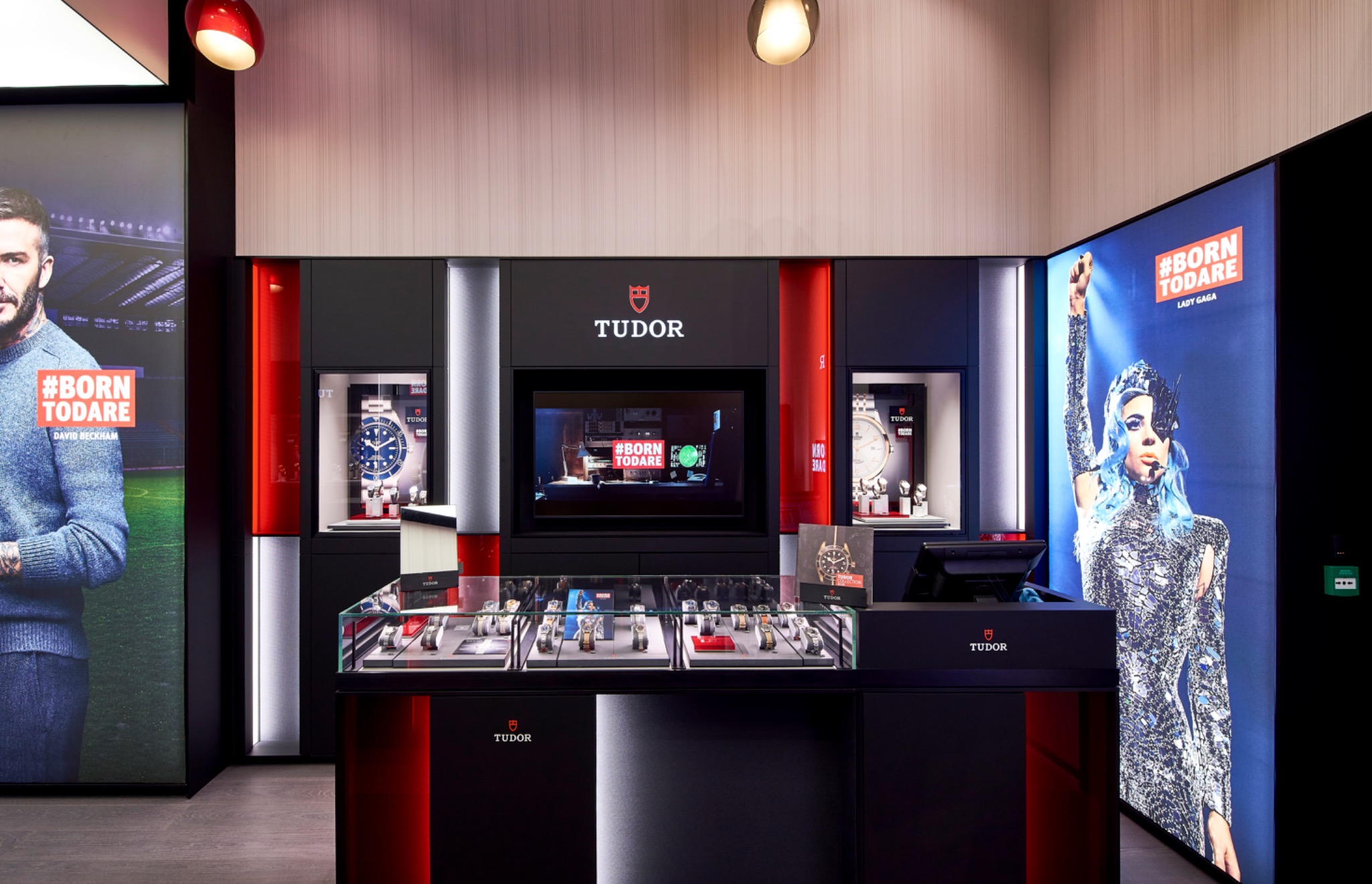 View from the boutique towards the Westfield concourse, with glazed screens and watch displays