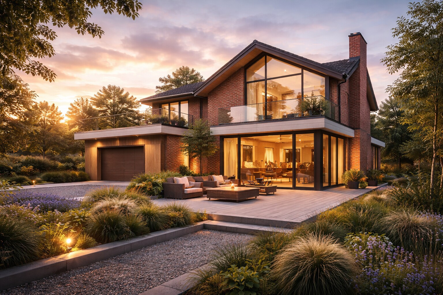 AI-generated visualisation of a contemporary brick house at dusk