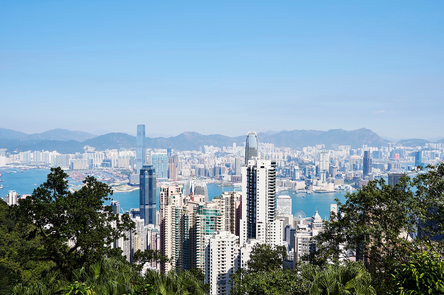 Hong Kong towers descending towards Victoria Harbour and Kowloon