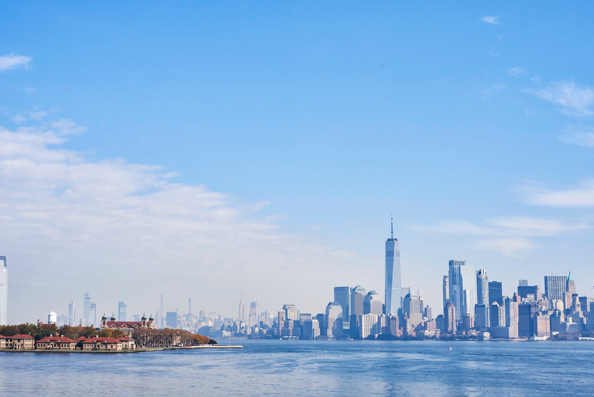 Lower Manhattan skyline seen across New York Harbor