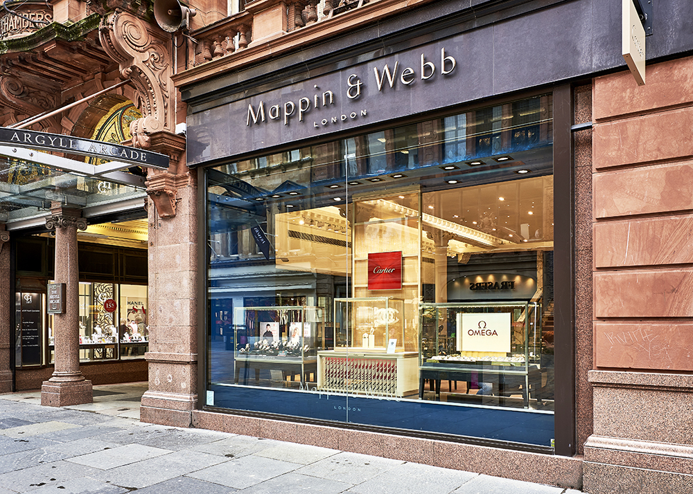Mappin and Webb shopfront within an ornate historic Glasgow facade