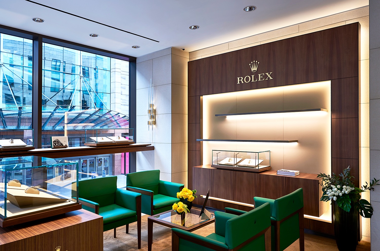 Rolex client seating area beside a large glazed frontage