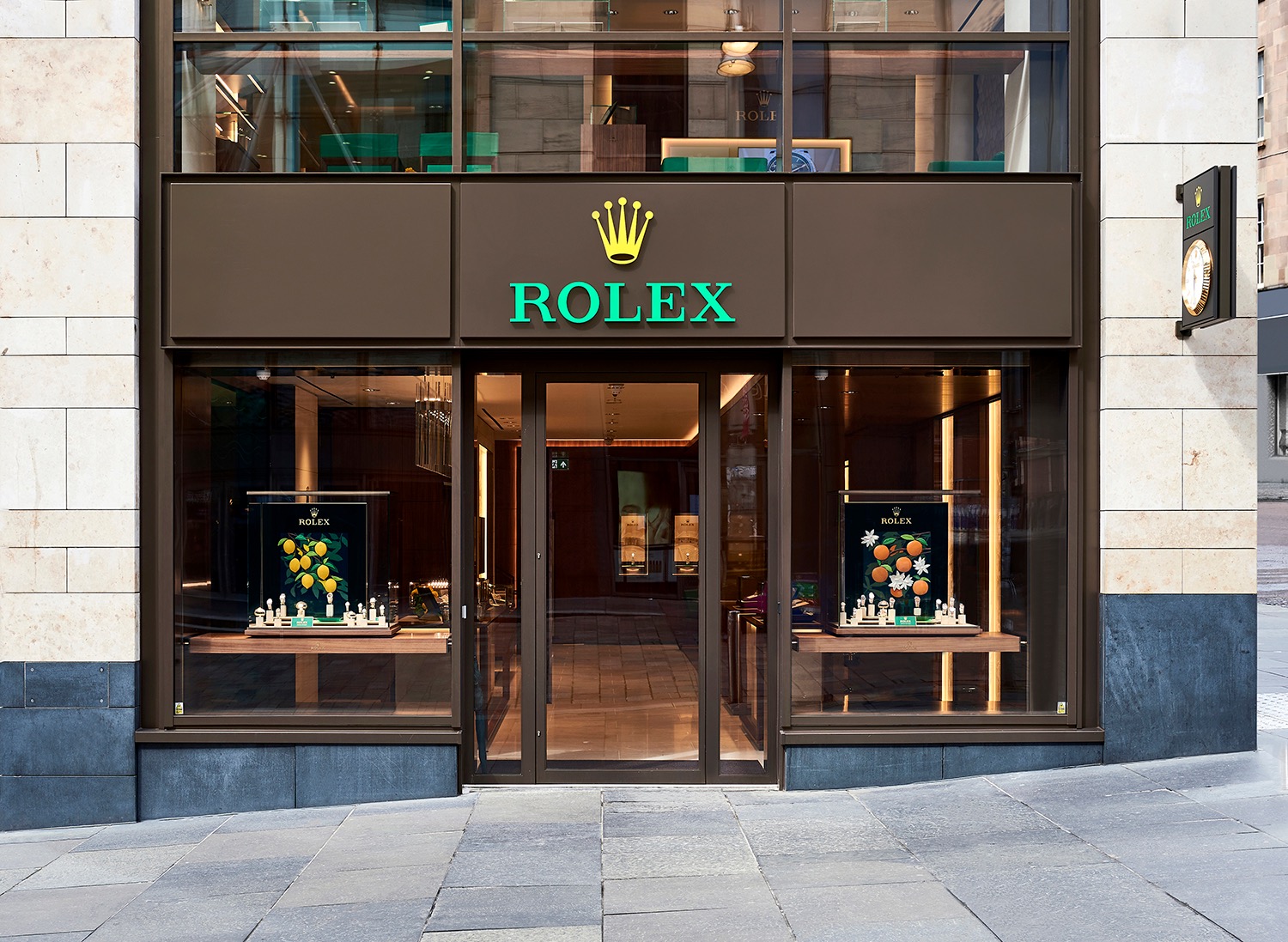 Rolex boutique viewed as a symmetrical street elevation