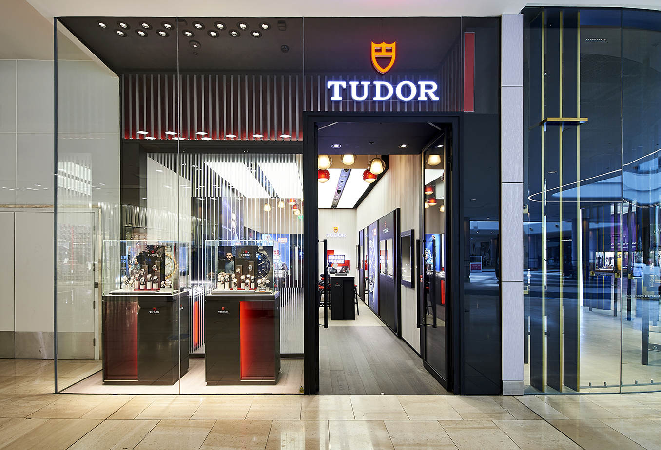 Tudor boutique with a deep black and red entrance in Westfield