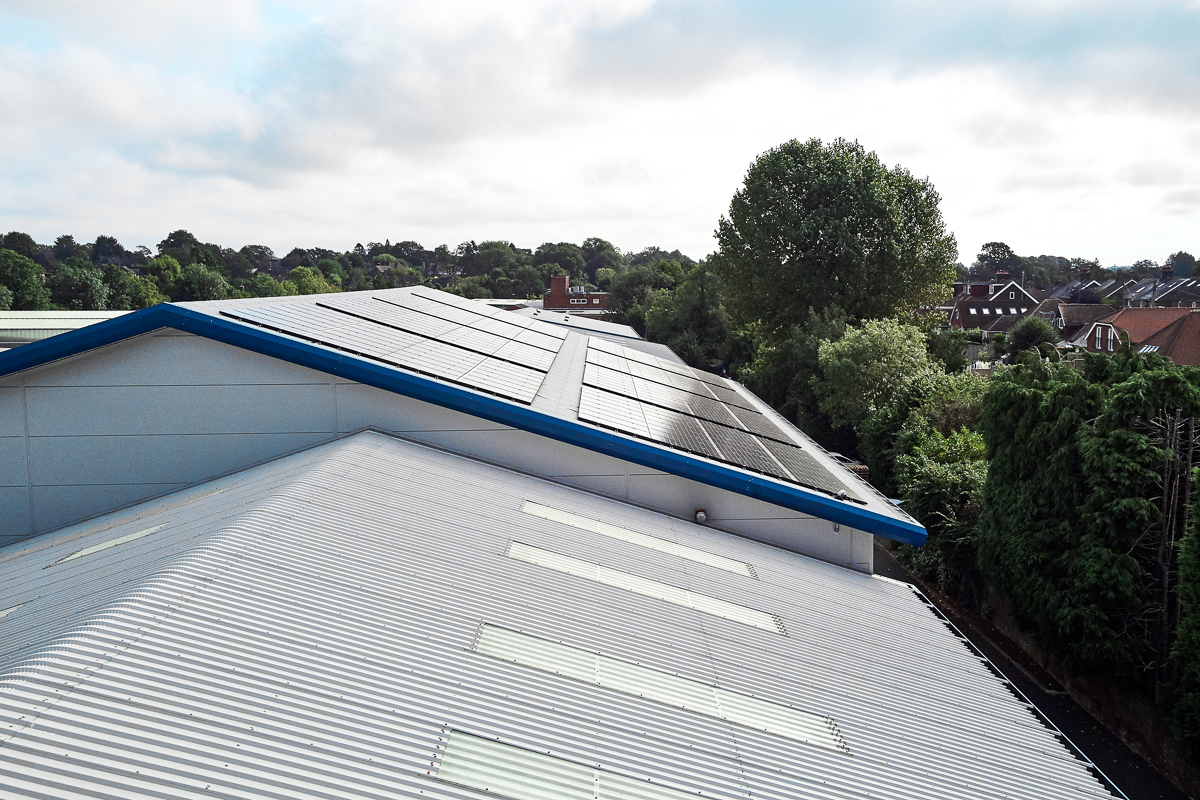 Oblique aerial view of photovoltaic panels on the manufacturing plant