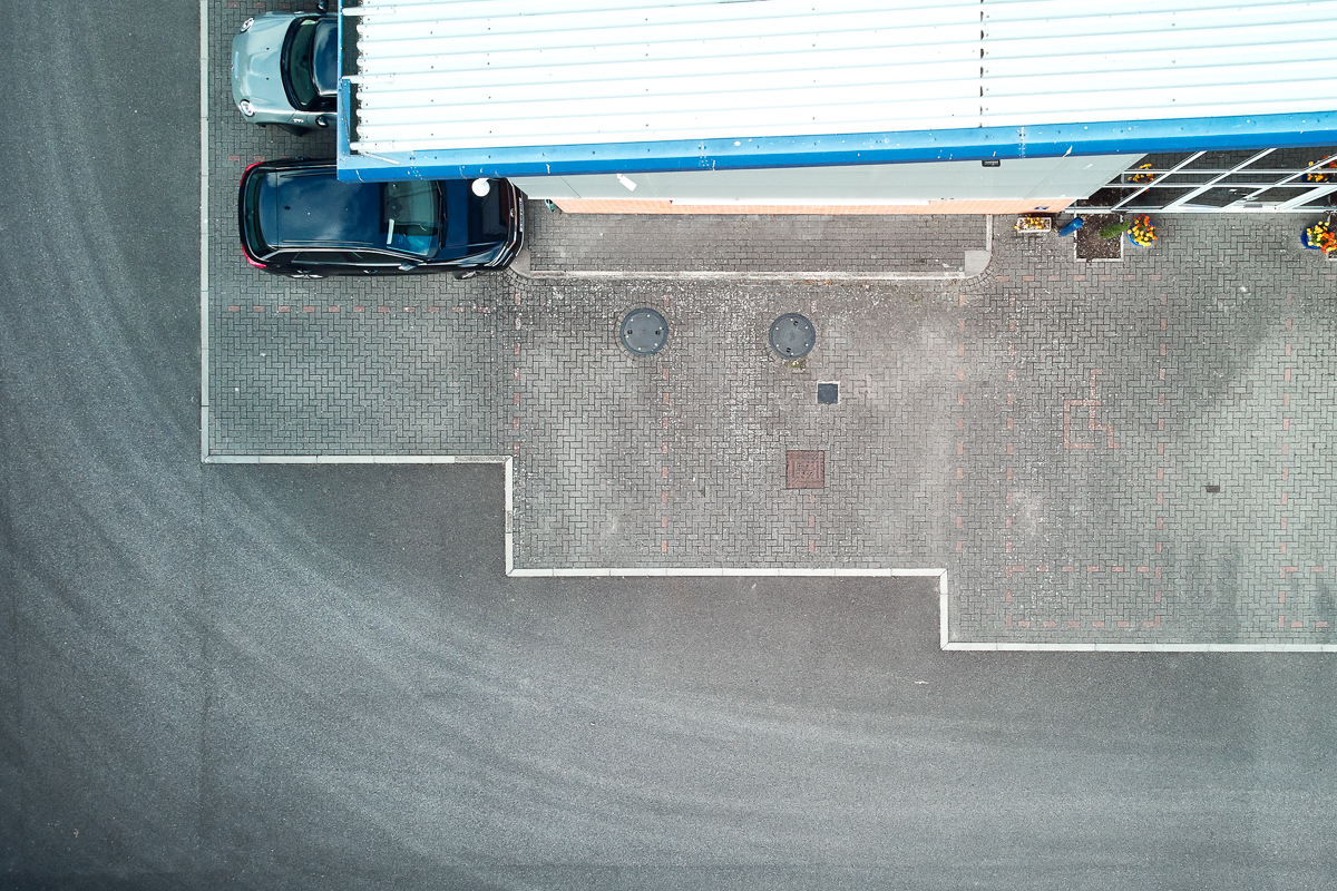 Aerial view of the office parking area above underground rainwater storage tanks